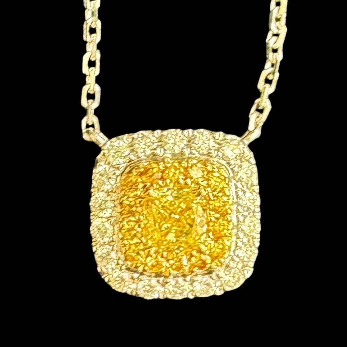 Luxury Promise Cushion Cut Yellow Diamond with Surrounding White Diamond Necklace
