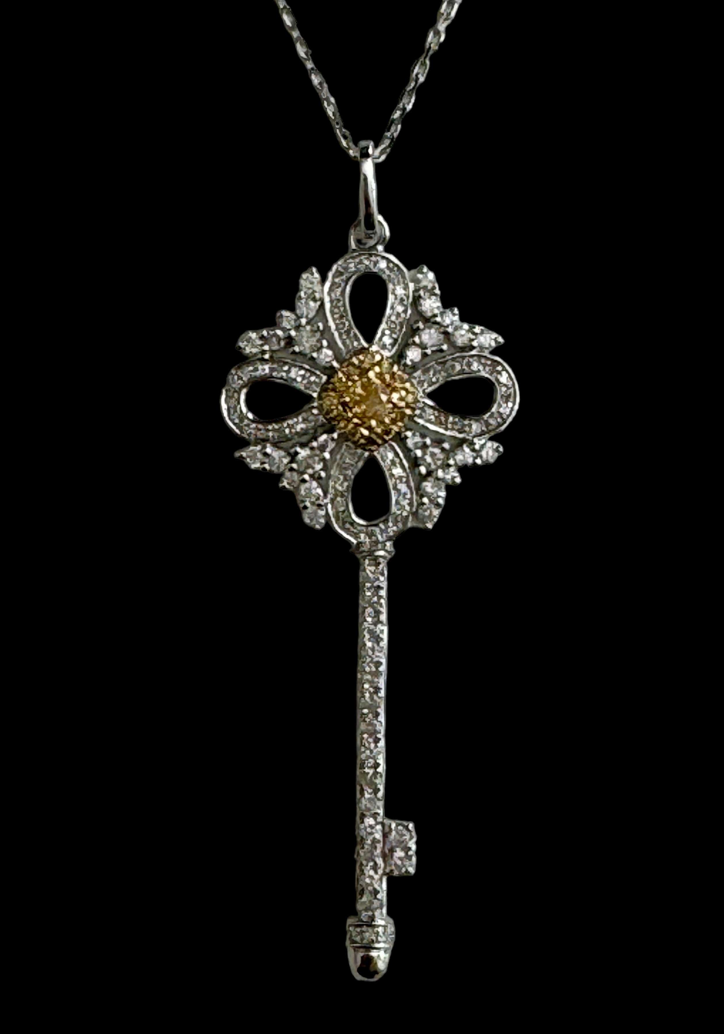 Luxury Promise Key Shaped Diamond Pendant with Inset Yellow Diamond Necklace