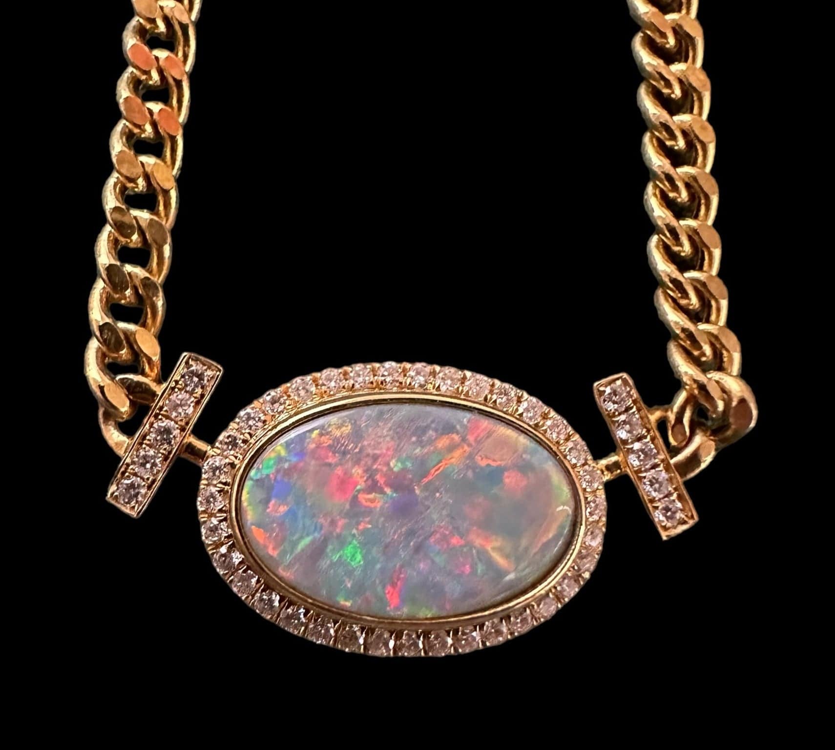 Luxury Promise Natural Opal Necklace with surrounding diamonds set in 18K Yellow Gold