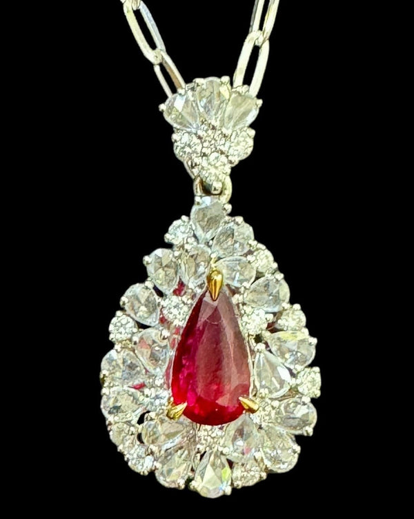 Luxury Promise Pear Shaped Ruby & Diamond Necklace set in 18K White Gold