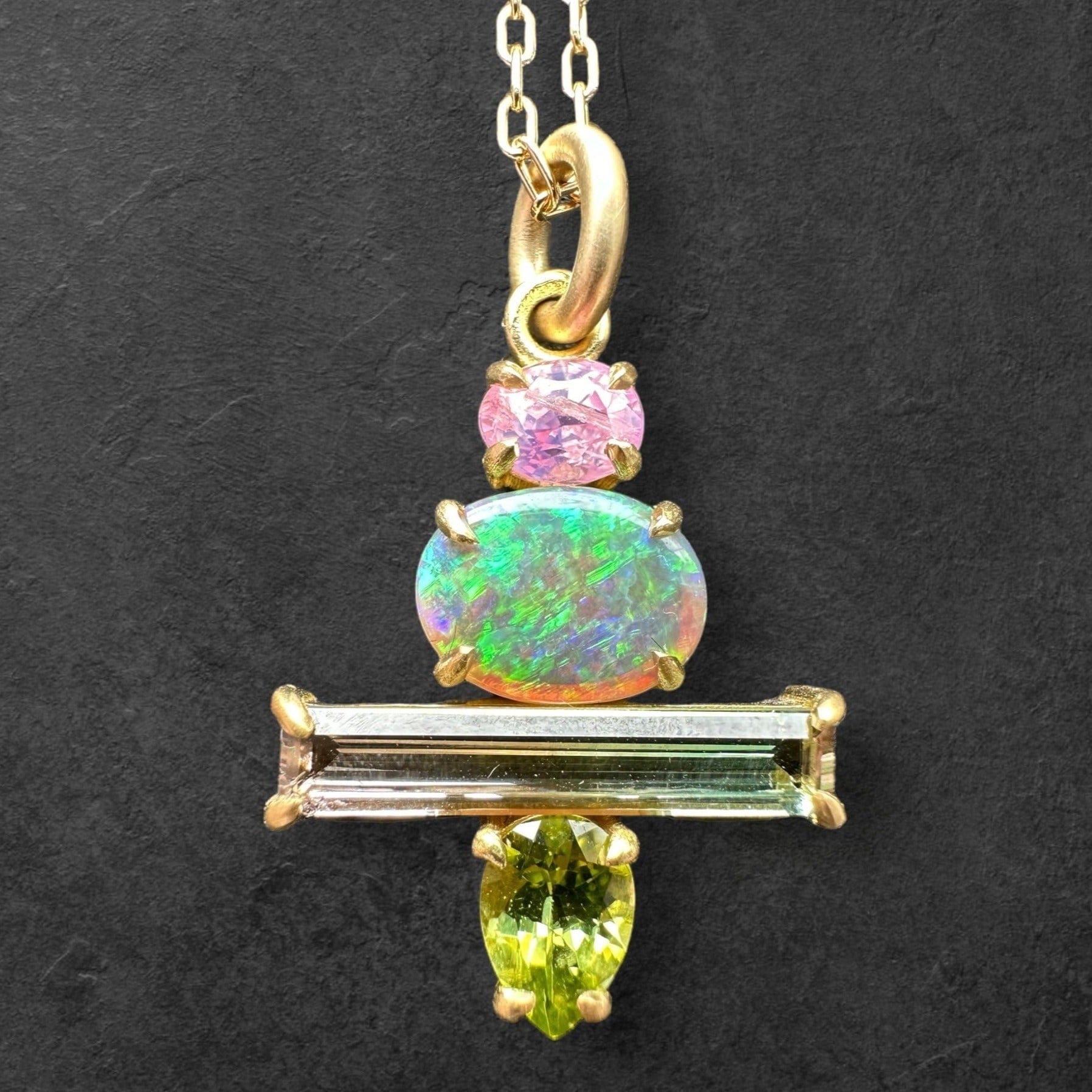 Luxury Promise Pink Sapphire, Semi Black Opal, Watermelon Tourmaline & Periodt pendant set in 18K Yellow Gold Necklace