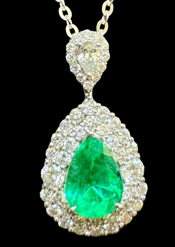 Luxury Promise Vivid Green Pear Shaped Emerald & Diamond Pendant Necklace