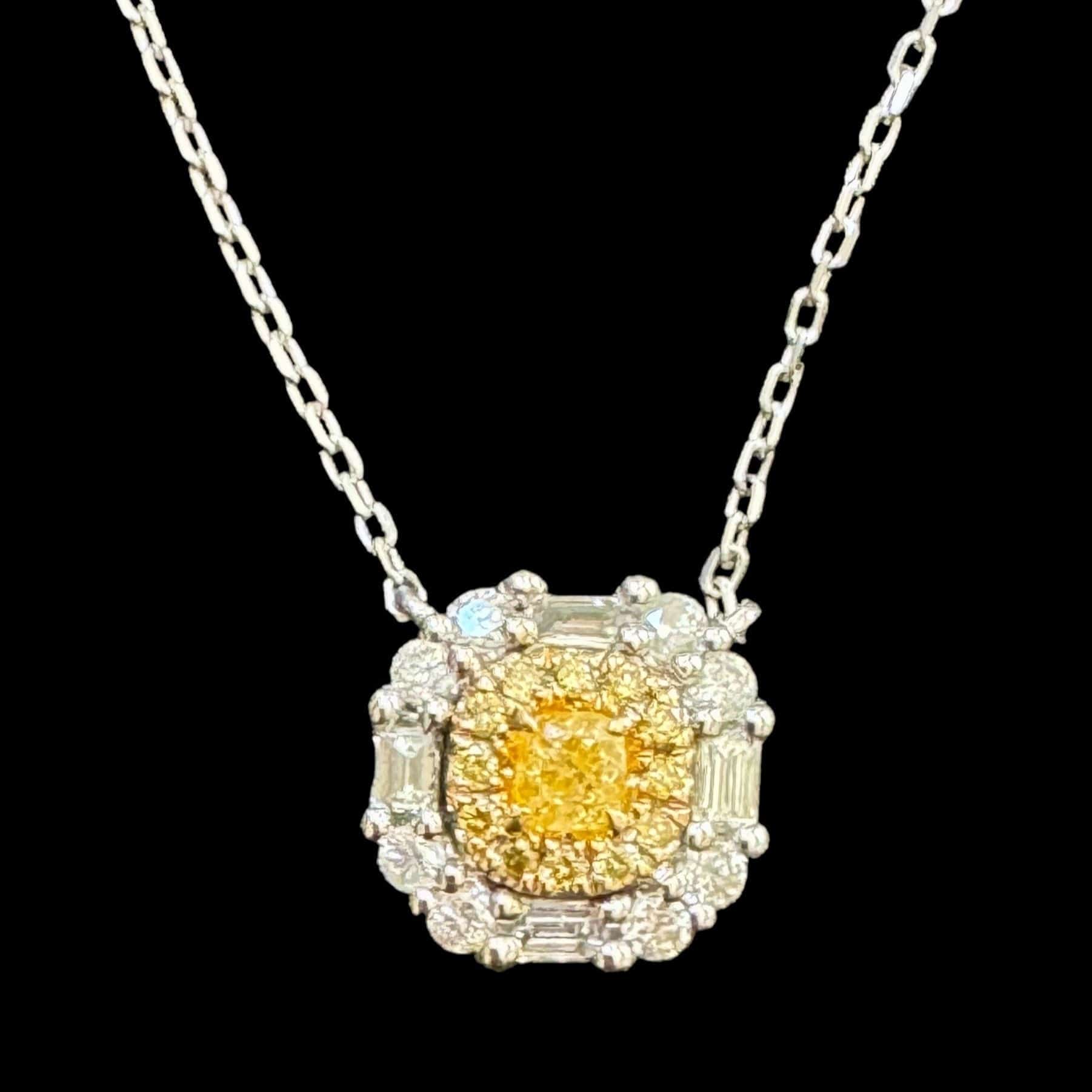 Luxury Promise Yellow Diamond Set With Round and Baguette White Diamond Necklace