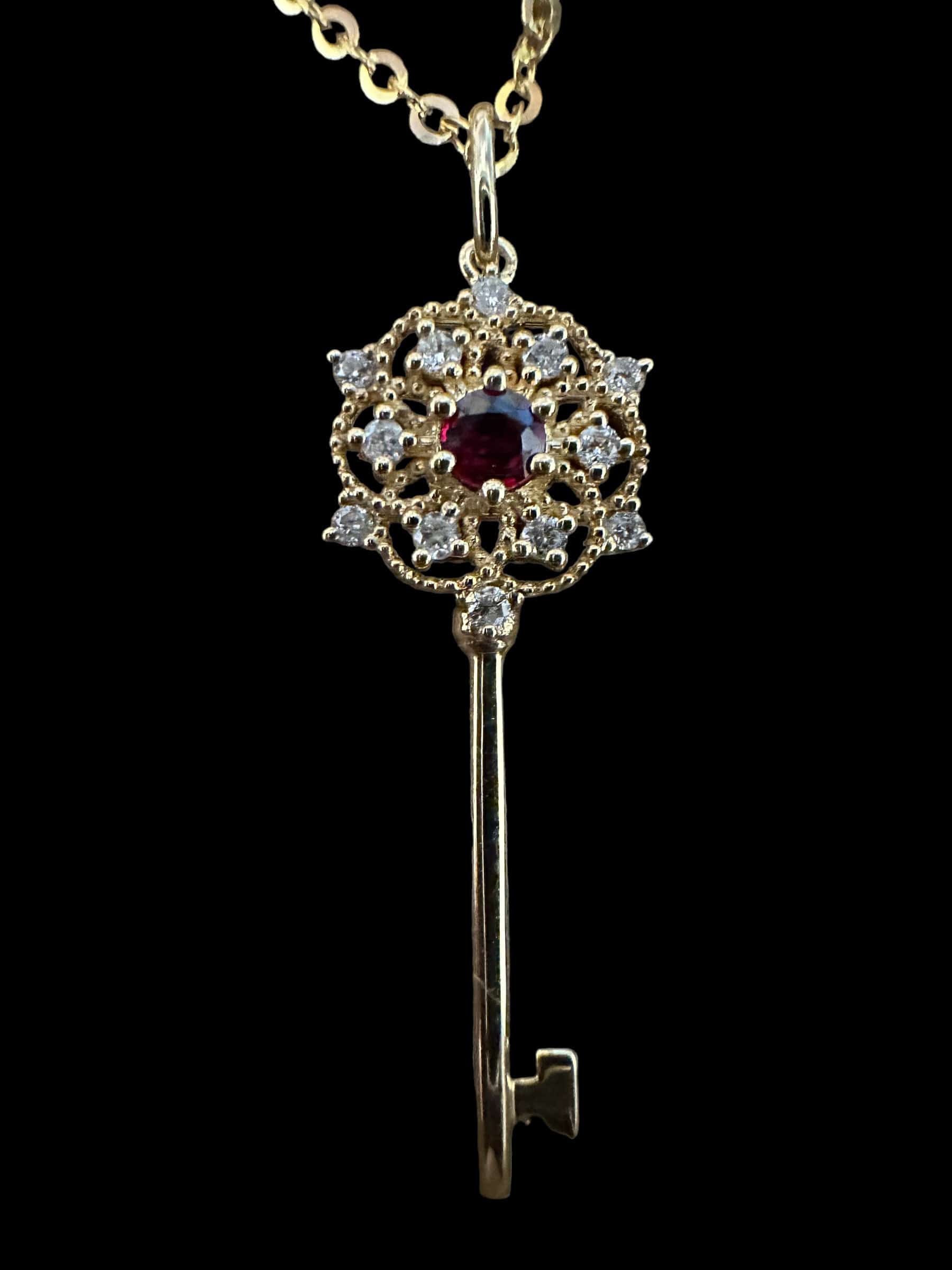 Luxury Promise Yellow Gold Key with Ruby & Diamond Necklace