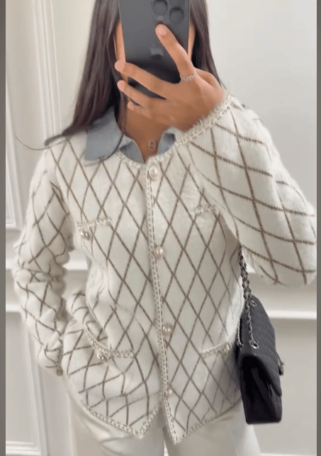 Luxury Promise Elegant Quilted Knit Cardigan with Chain and Button Embellishments White AKC0011