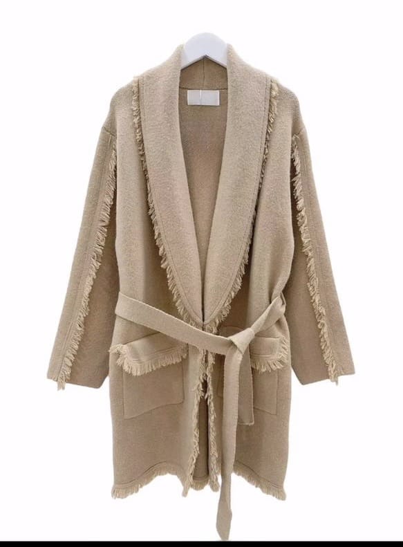 Luxury Promise fringe wrap cardigan with belt camel zah26