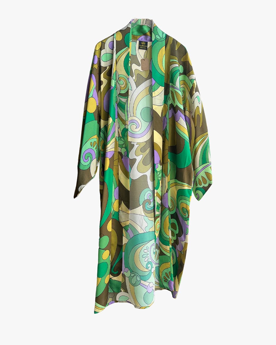 Luxury Promise Green Yellow Geometric Long Silk Kimono Coverup