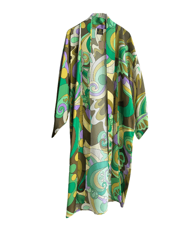 Luxury Promise Green Yellow Geometric Long Silk Kimono Coverup GM-LJ7525