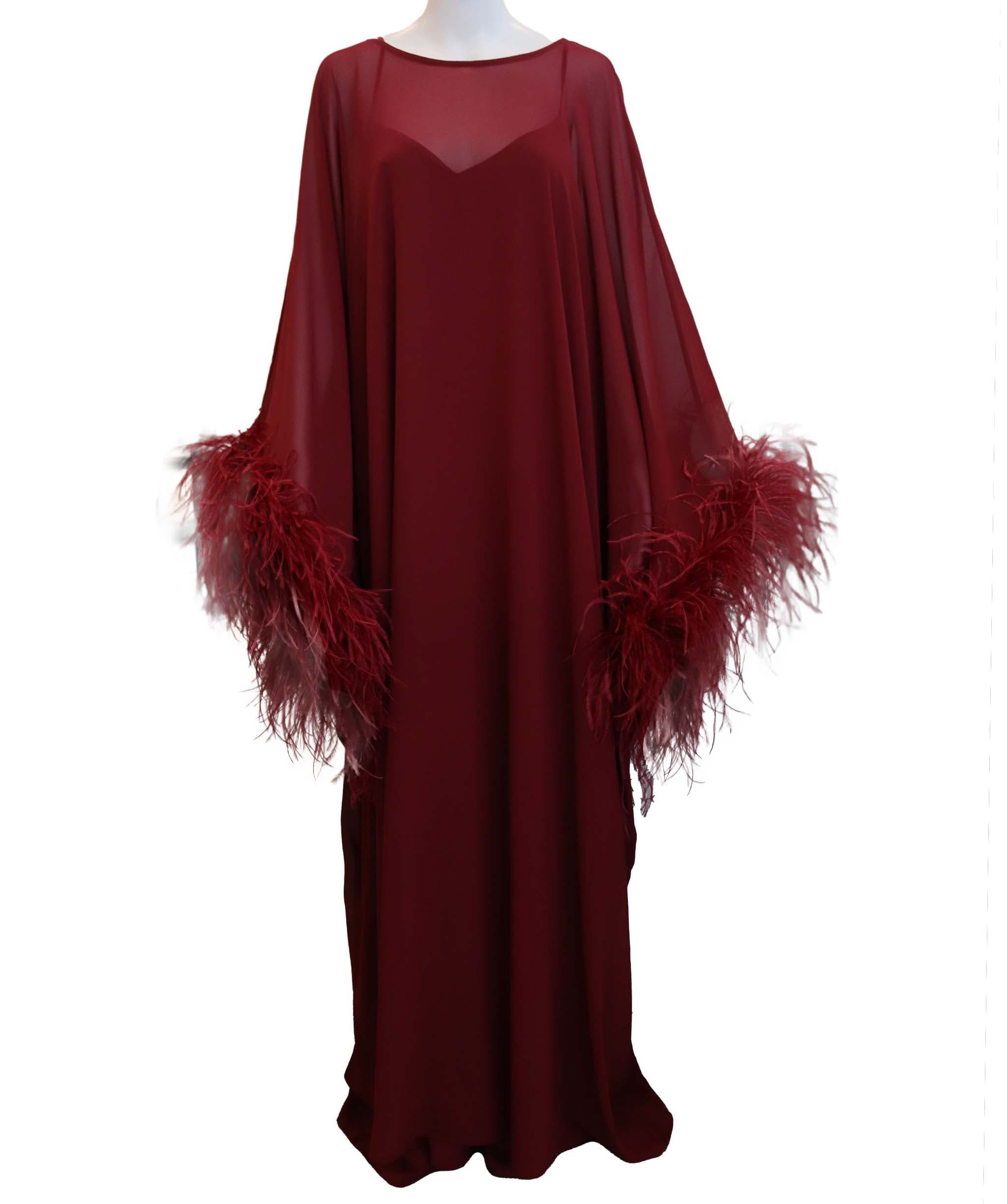 Luxury Promise Maroon (dark red) 2 part set feather chiffon kaftan with maroon maxi dress TP030