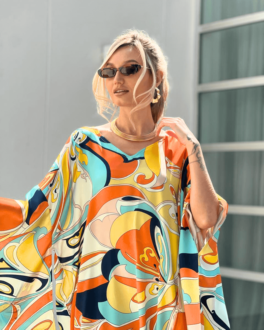 Luxury Promise Silk Satin Peach & Yellow Multi Print Kimono Sleeve Kaftan