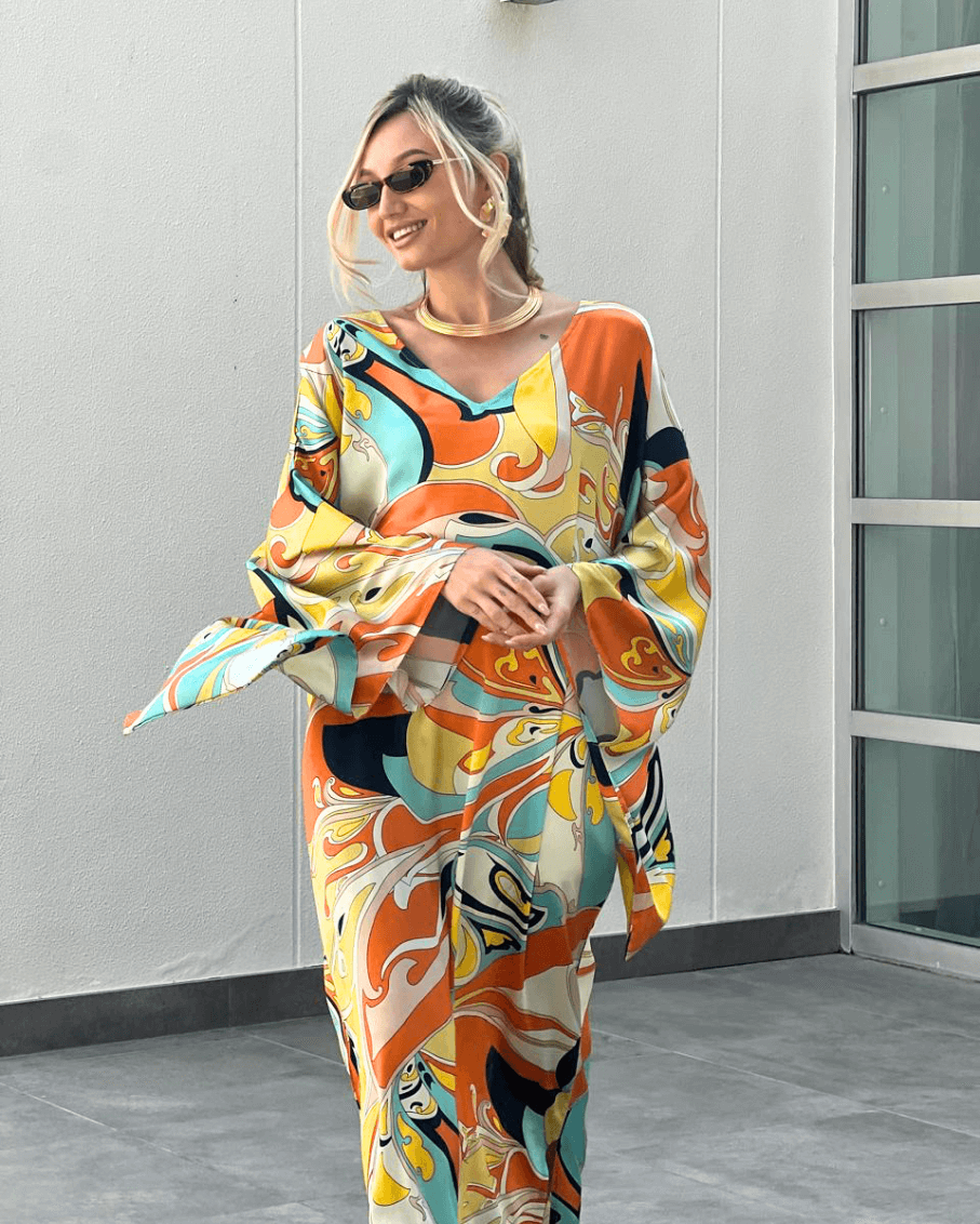 Luxury Promise Silk Satin Peach & Yellow Multi Print Kimono Sleeve Kaftan