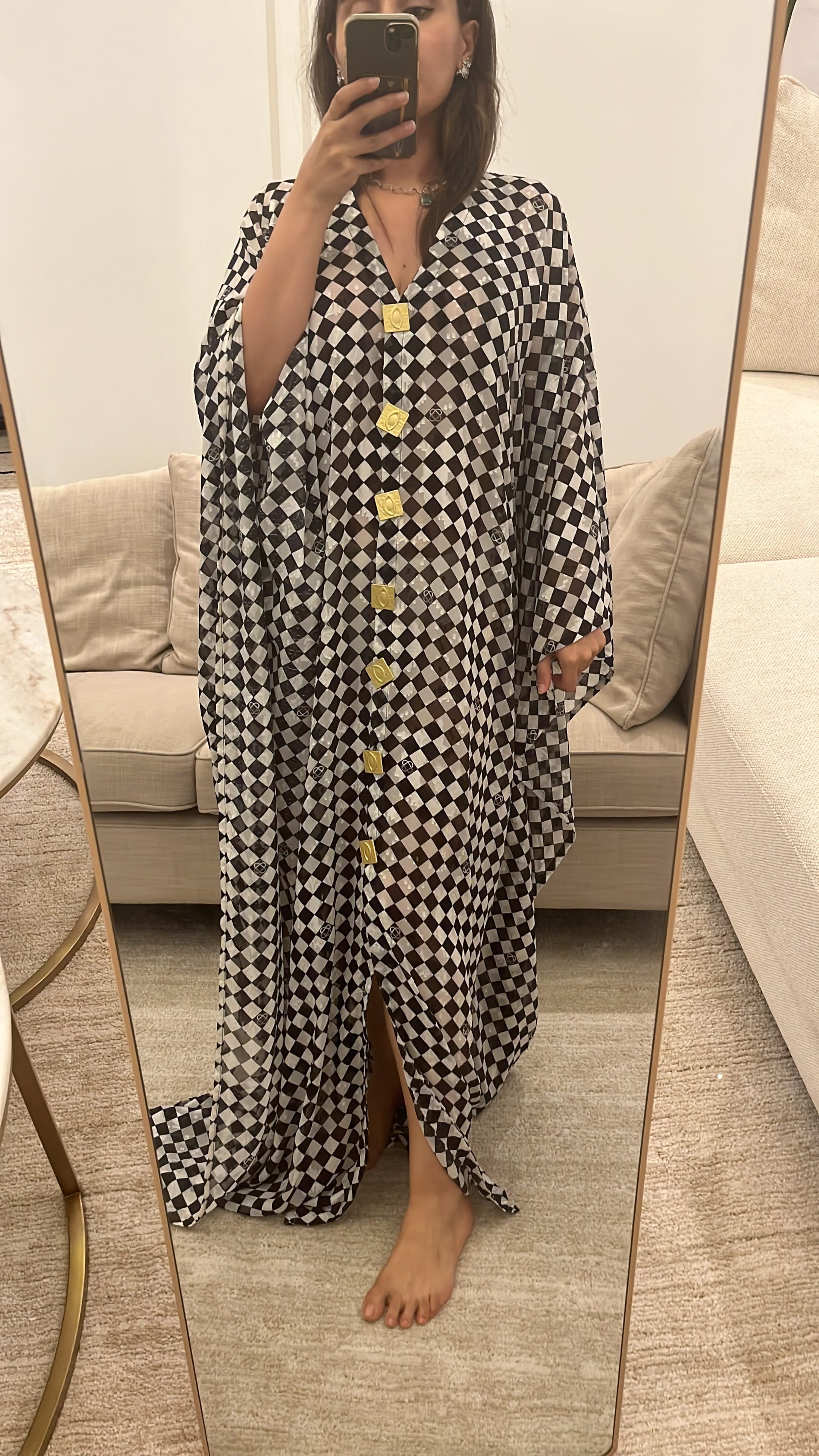 Luxury Promise The Private Table  Monochrome grid kaftan gold buttons TP0313