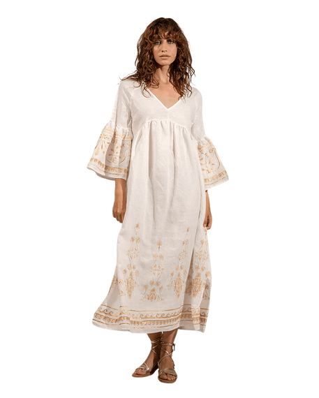 Luxury Promise Vanilla + Gun Metal Embroidery Linen Full Sleeve Maxi Dress AET-2570.92225-VGM-S