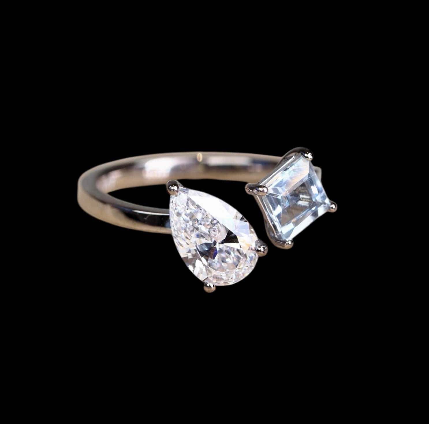 Luxury Promise 1.30ct White Diamond Pear & 0.60ct Aquamarine Ring Set in 18K White Gold