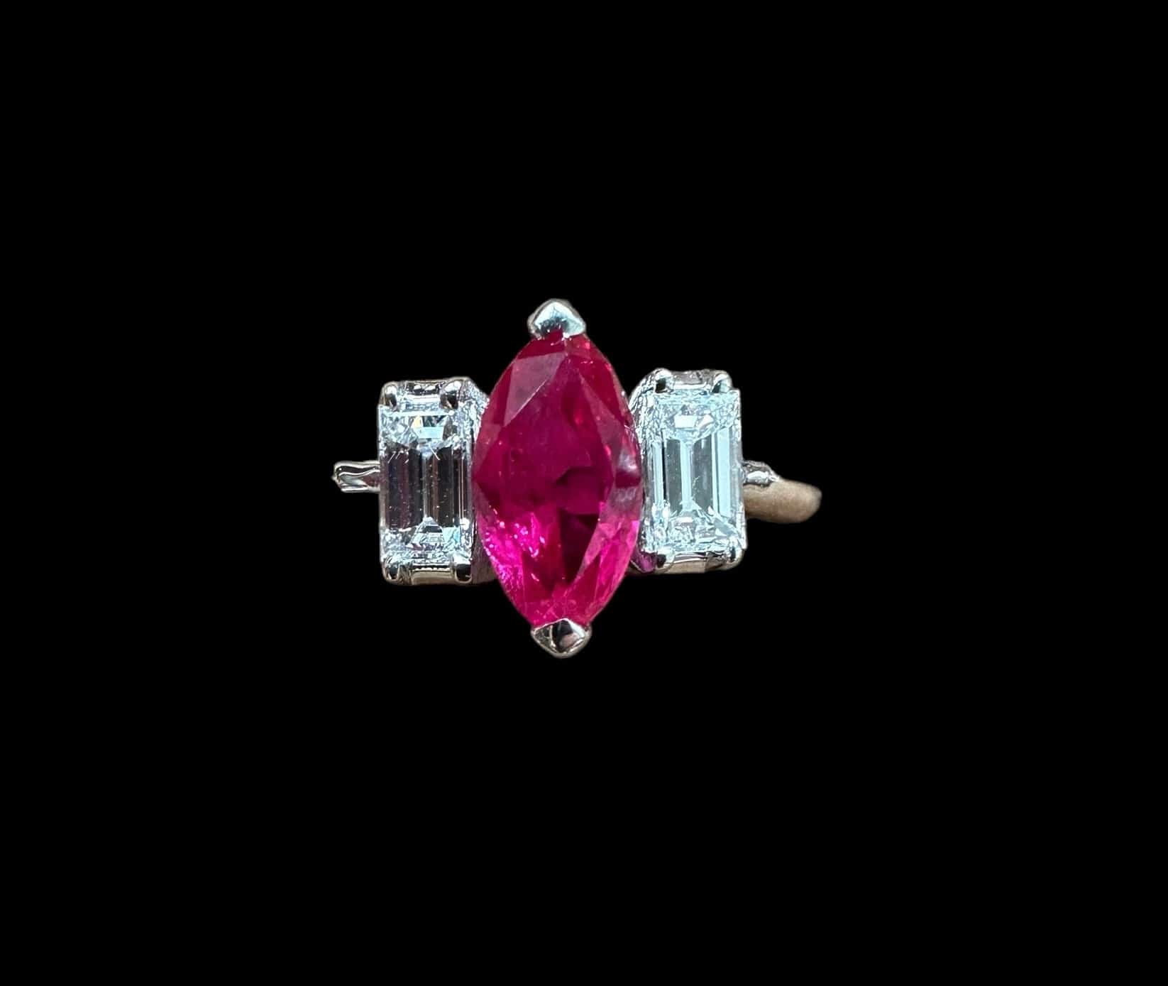 Luxury Promise 1.46ct Marquise Cut Burmese Ruby & 0.55ct Emerald Cut Diamonds set in Platinum