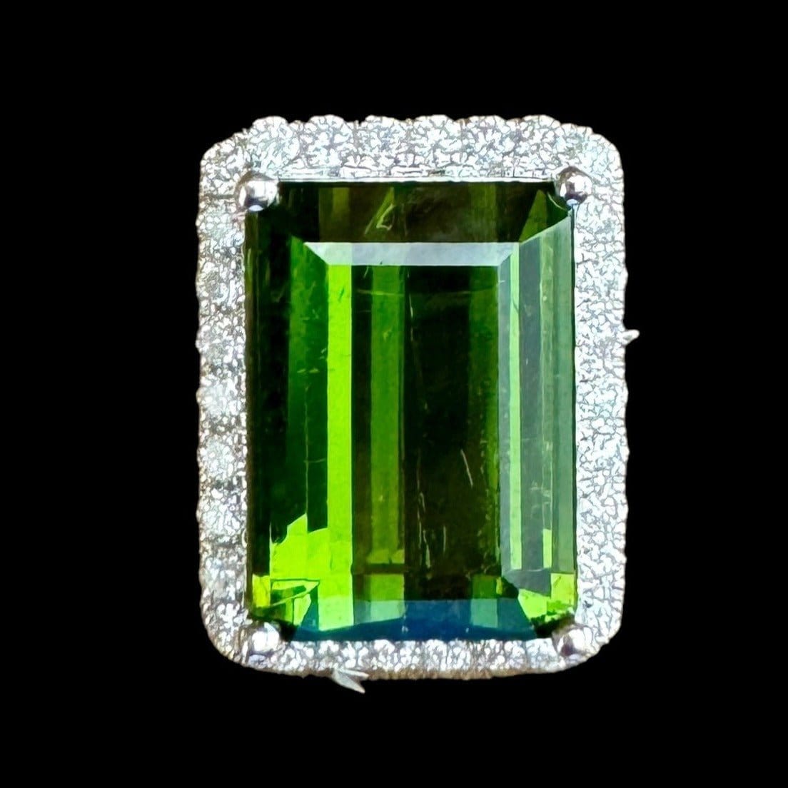 6.00ct "Golden Green" Emerald Cut Tourmaline & Diamond Ring set in 18K White Gold