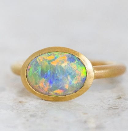 Luxury Promise Bezel Set Black Opal set in 18K Yellow Gold Ring