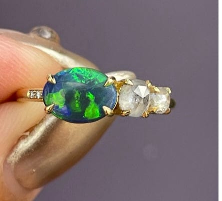 Luxury Promise Black Opal, Salt n Pepper Diamonds Ring with and White Diamonds on Band set in 18K Yellow Gold
