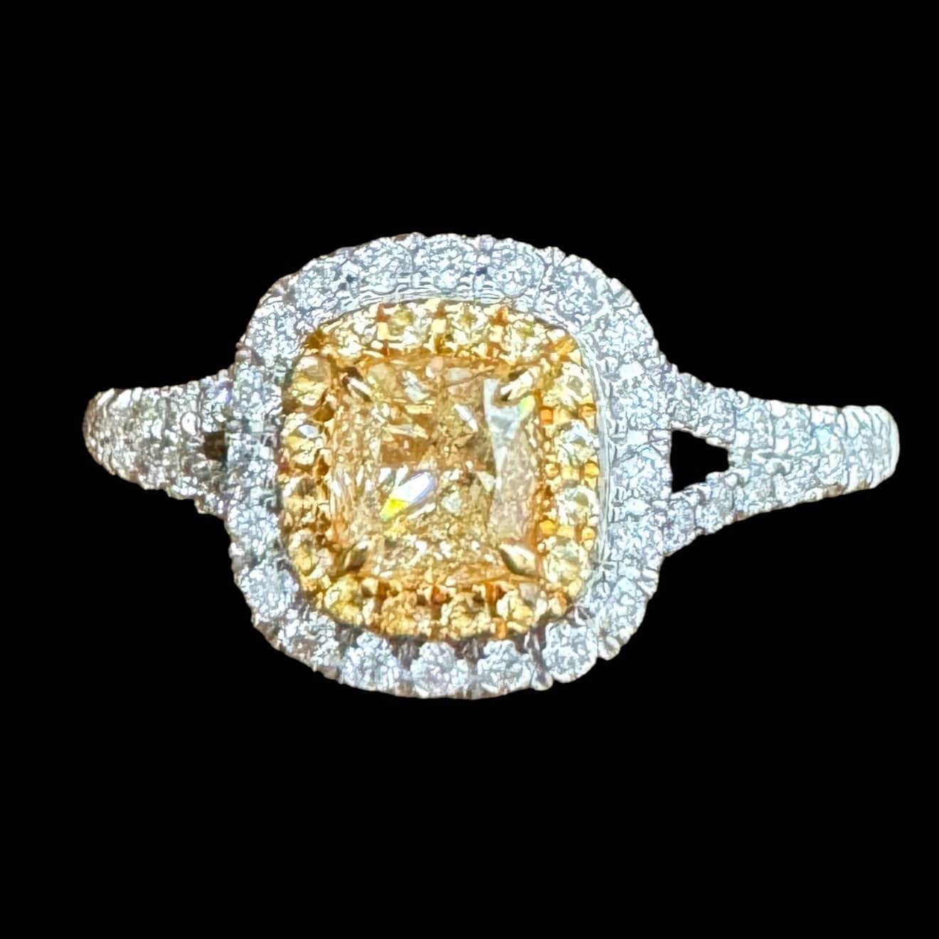 Luxury Promise Centre Yellow Diamond with Surrounding White Diamonds Cushion Set Ring