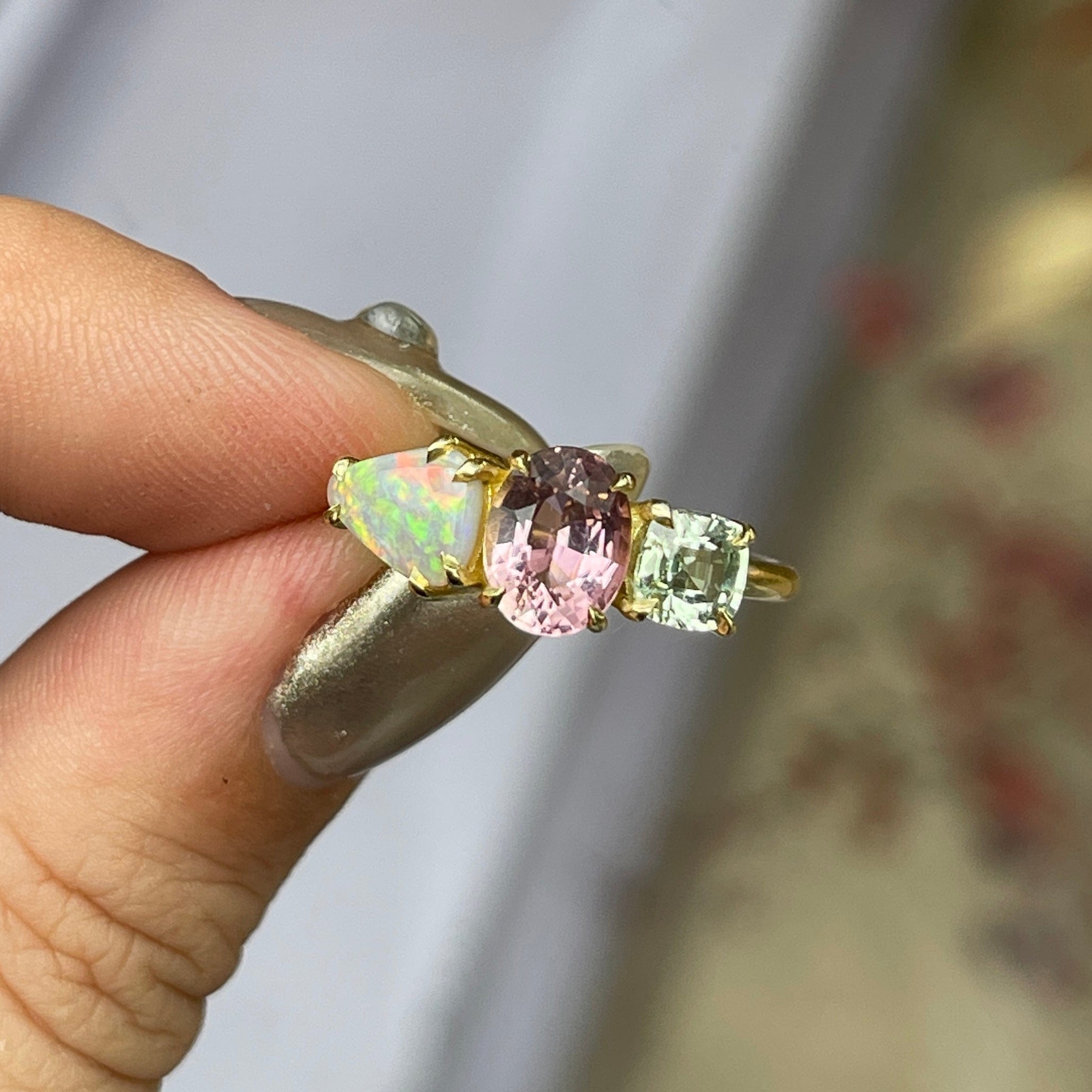 Luxury Promise Crystal White Opal, Pink & Mint Tourmaline set in 18K Yellow Gold Ring