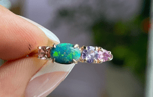 Luxury Promise East West Black Opal Splice Ring 14ct Yellow Gold, Shades of Pink/Purple Sapphires, Black Opal Lighting Ridge