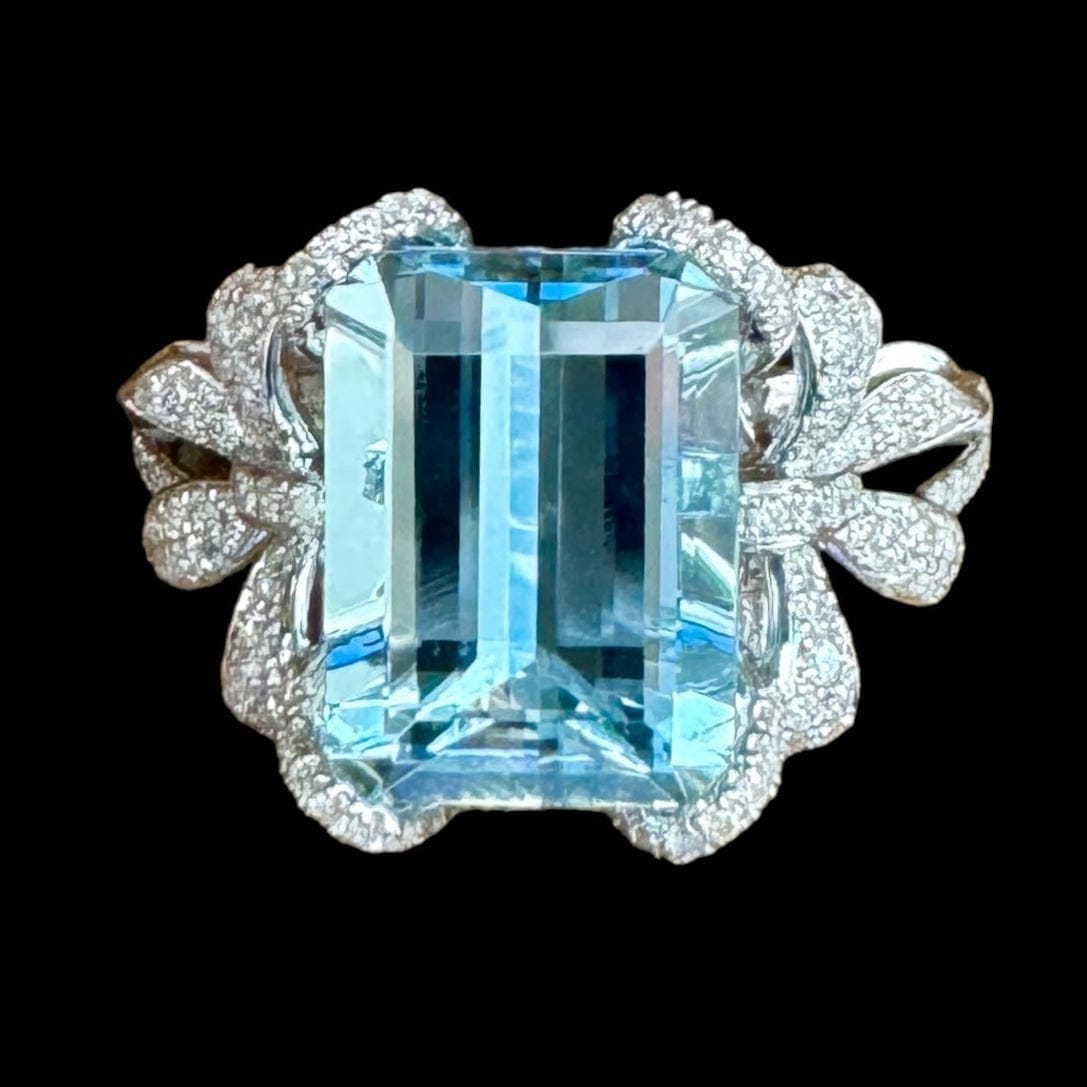 Luxury Promise Emerald Cut Aquamarine & White Diamond Ring