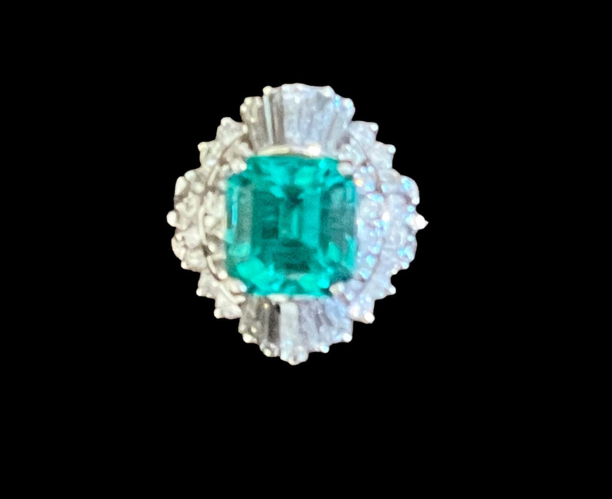 Luxury Promise Emerald Cut Colombian Emerald and Diamond Ring set in Platinum