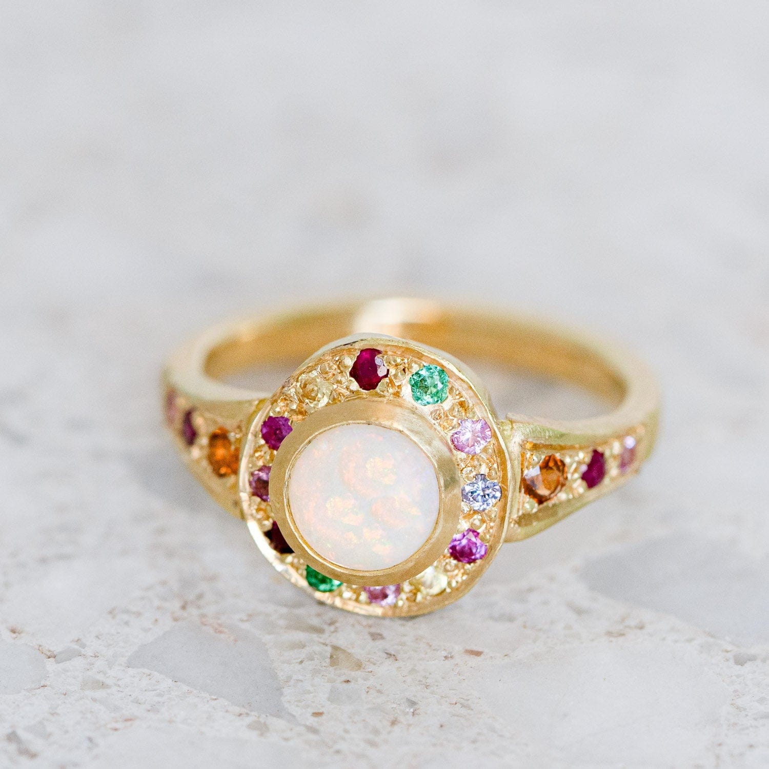 Luxury Promise Magical Crystal Opal surrounded by multi coloured sapphires, rubies & emeralds set in 18K Yellow Gold