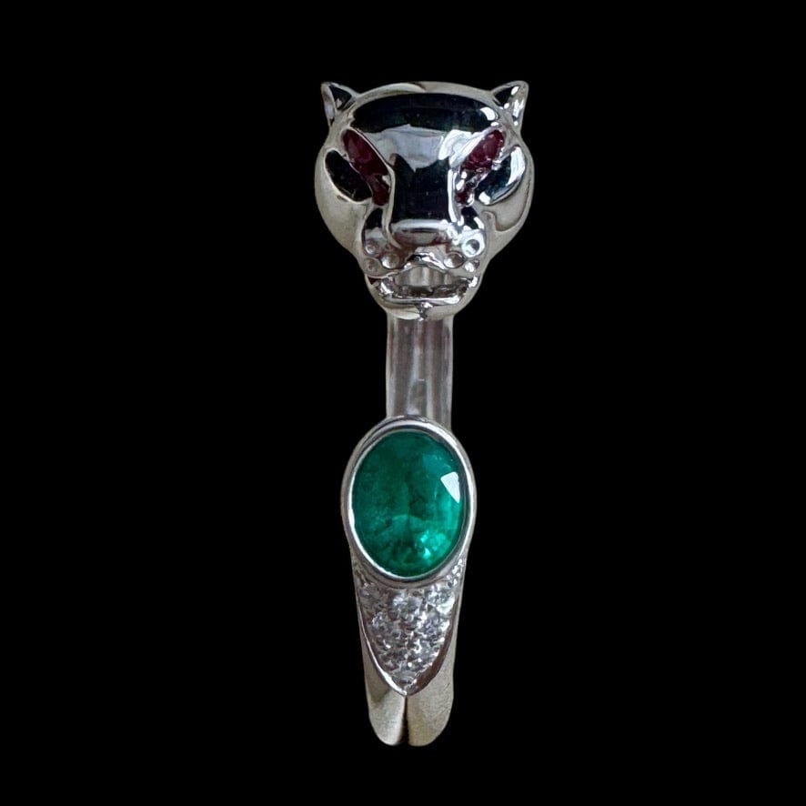 Luxury Promise Natural Emerald 0.19ct & Diamond 0.37ct Set In 18K White Gold Panther Ring