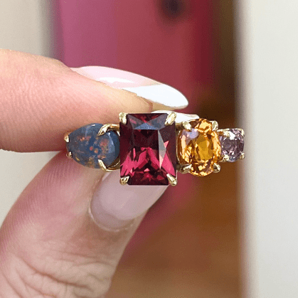 Luxury Promise One off 18ct Yellow Gold Splice Ring with Black Opal, Garnet & Sapphires