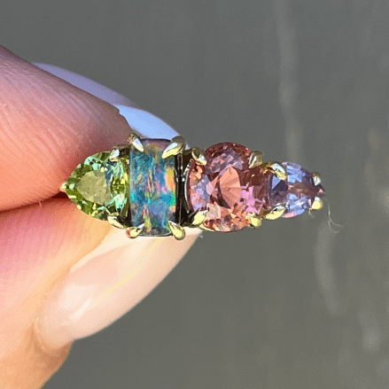 Luxury Promise One off 18ct Yellow Gold Splice Ring with Peridot, Boulder Opal, Tourmaline & Purple Sapphire