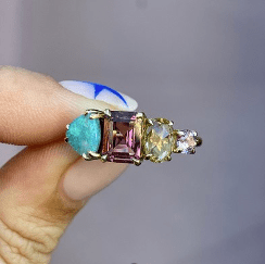 Luxury Promise One Off Splice Ring 18ct Yellow Gold with: Black Opal Pin Tourmaline Yellow Sapphire Lilac Sapphire