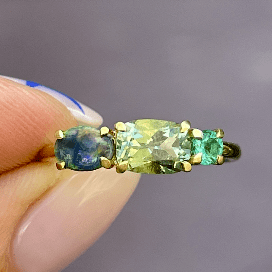 Luxury Promise One Off Splice Ring 18ct Yellow Gold with: Black Opal Tourmaline Emerald