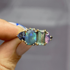Luxury Promise One Off Splice Ring 18ct Yellow Gold with: Blue Sapphire, Black Opal, Mint Tourmaline, Pink Sapphire