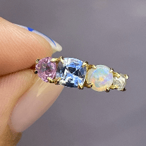 Luxury Promise One Off Splice Ring 18ct Yellow Gold  with: Milky Sapphire Tanzanite Crystal Opal Salt & Pepper Diamond