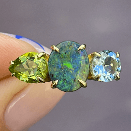 Luxury Promise One Off Splice Ring 18ct Yellow Gold  with: Peridot Boulder Opal Aquamarine
