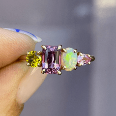 Luxury Promise One Off Splice Ring 18ct Yellow Gold  with: Yellow Sapphire Pink Tourmaline Crystal Opal Pink Sapphire