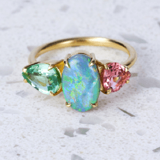 Luxury Promise One Off Splice Ring in 18ct Yellow Gold with: Semi-Black Opal from Lightning Ridge Green Tourmaline Pink Tourmaline
