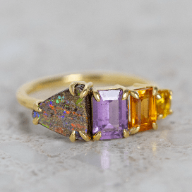 Luxury Promise One Off Splice Ring with: Boulder Opal Purple Milky Sapphire Orange Sapphire Yellow Sapphire 18ct Yellow Gold