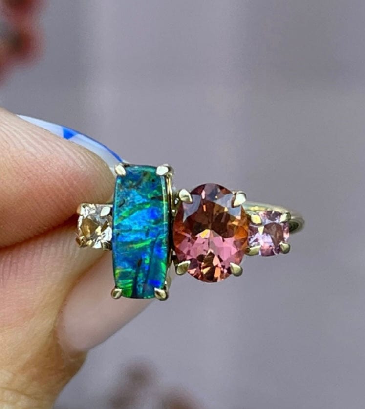 Luxury Promise One-Off Splice Ring with Diamond, Boulder Opal, Tourmaline and Sapphire set in 18ct Yellow Gold