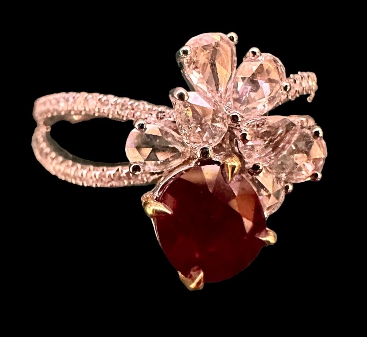 "Pigeon Blood" Ruby and Rose Cut Diamond Ring set in 18K White Gold