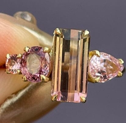 Luxury Promise Pink Sapphire, Spinel, Peach Tourmaline & Sapphire Ring set in 18K Yellow Gold
