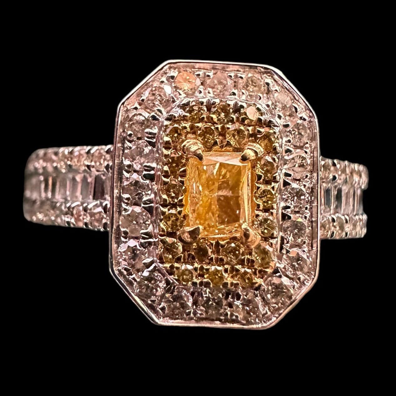 Luxury Promise Rectangular Diamond Ring with Centre Yellow Diamond