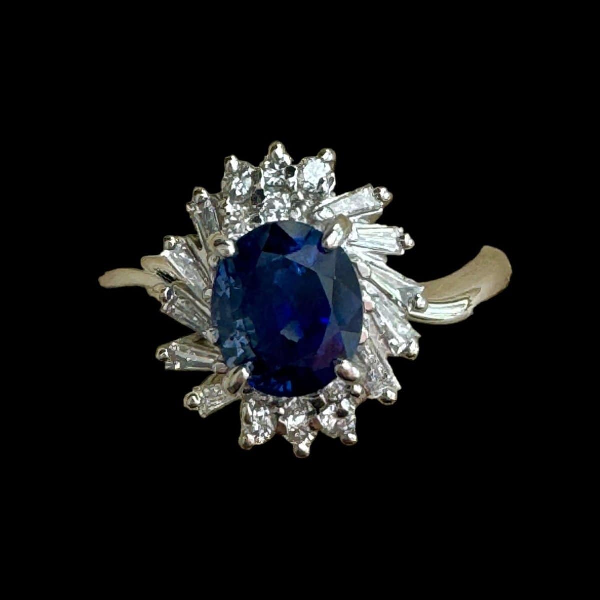 "Royal Blue" Sapphire set with Surrounding Baguette Diamond Ring set in Platinum