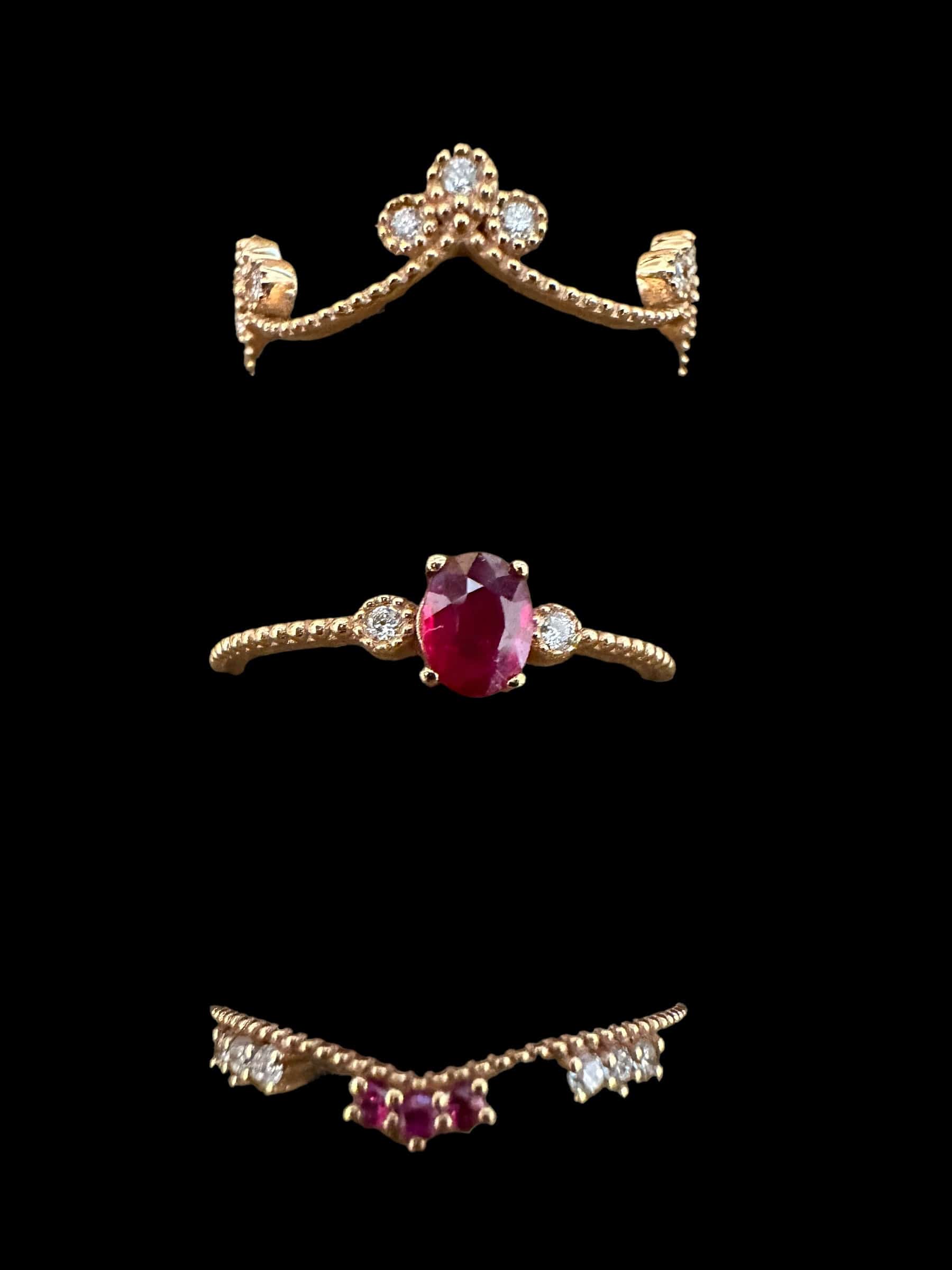 Luxury Promise Triple Diamond & Ruby Ring in 18K Rose Gold