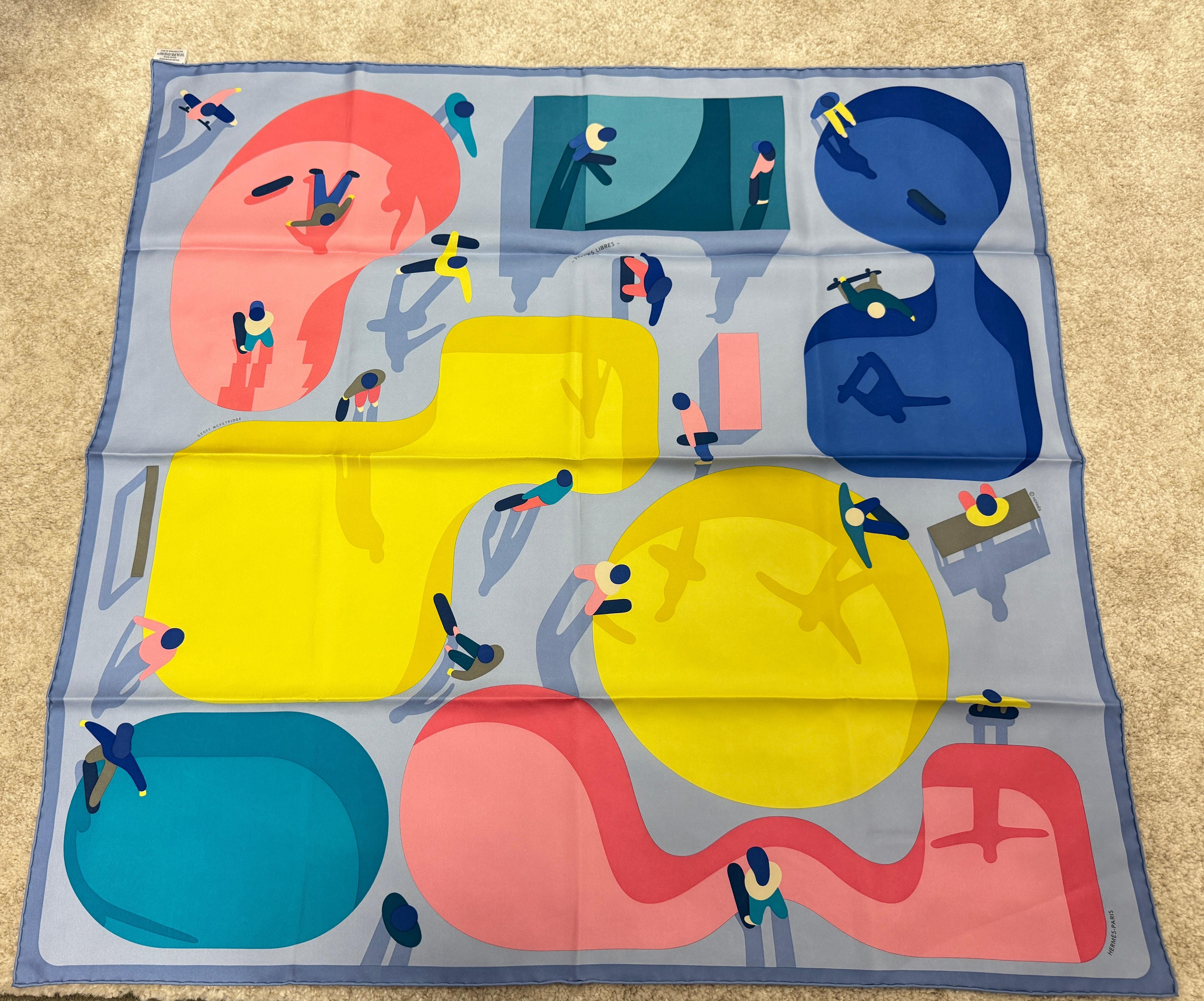 LUXURY PROMISE *HK LOCATED*HERMÈS FIGURES LIBRES SCARF 90 Bleu Ciel / Rose / Jaune