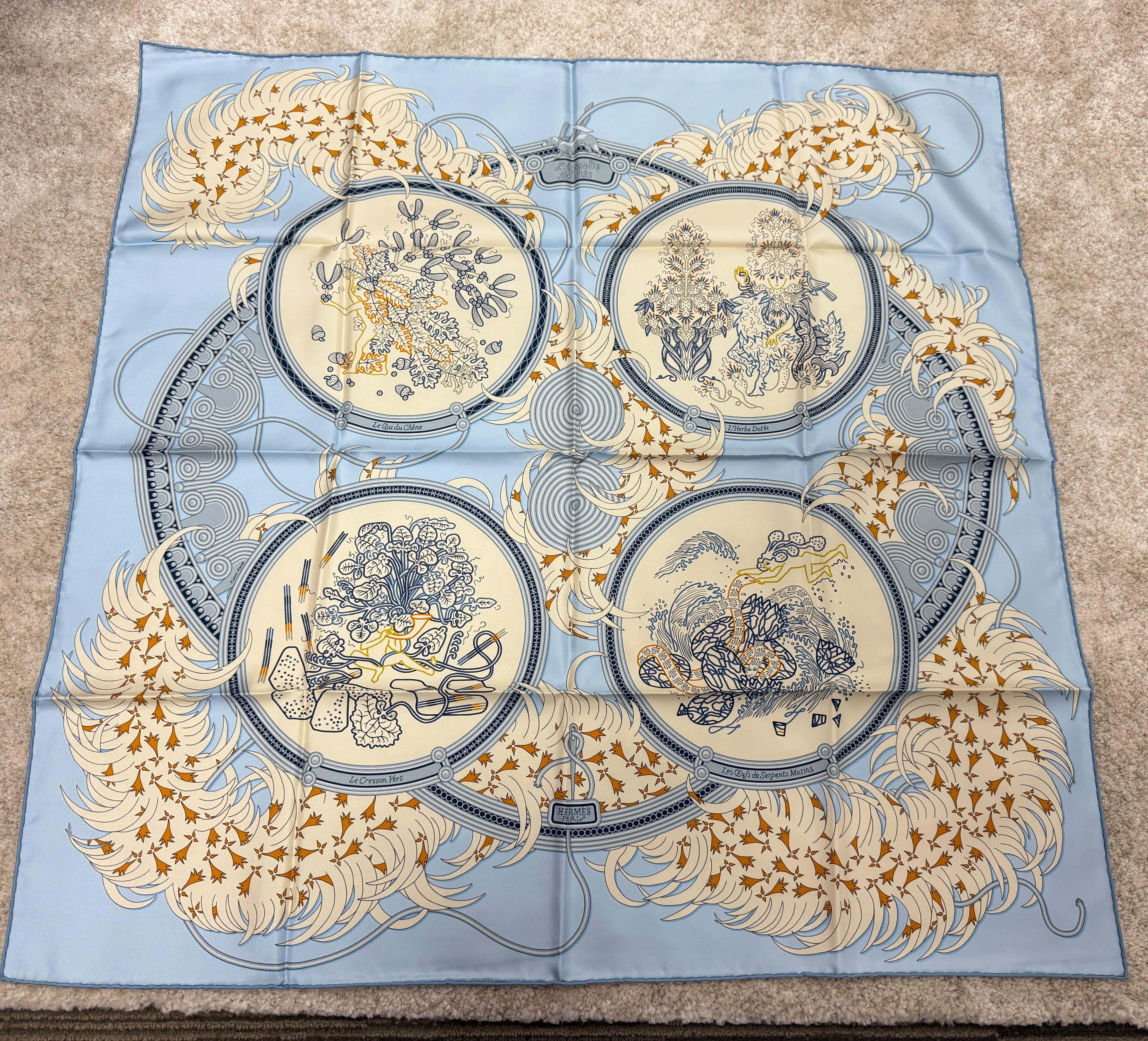 LUXURY PROMISE *HK LOCATED*HERMÈS TRICOLOR LEGENDE BRODEE SILK SCARF 90 Bleu Ciel/ Creme/ Marine Silk