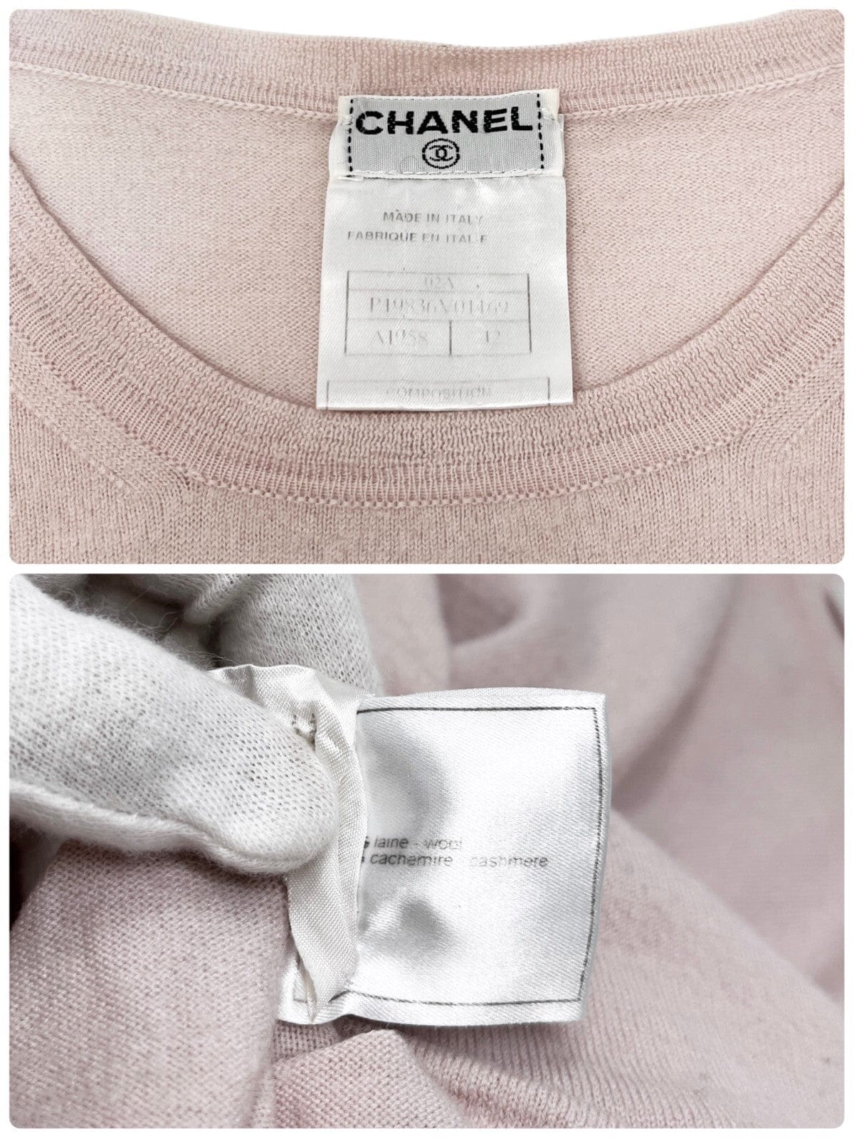 Luxury Promise CHANEL Vintage 02A CC Logo Sweater Top #42 Knit Pullover Pink Black Wool RankB