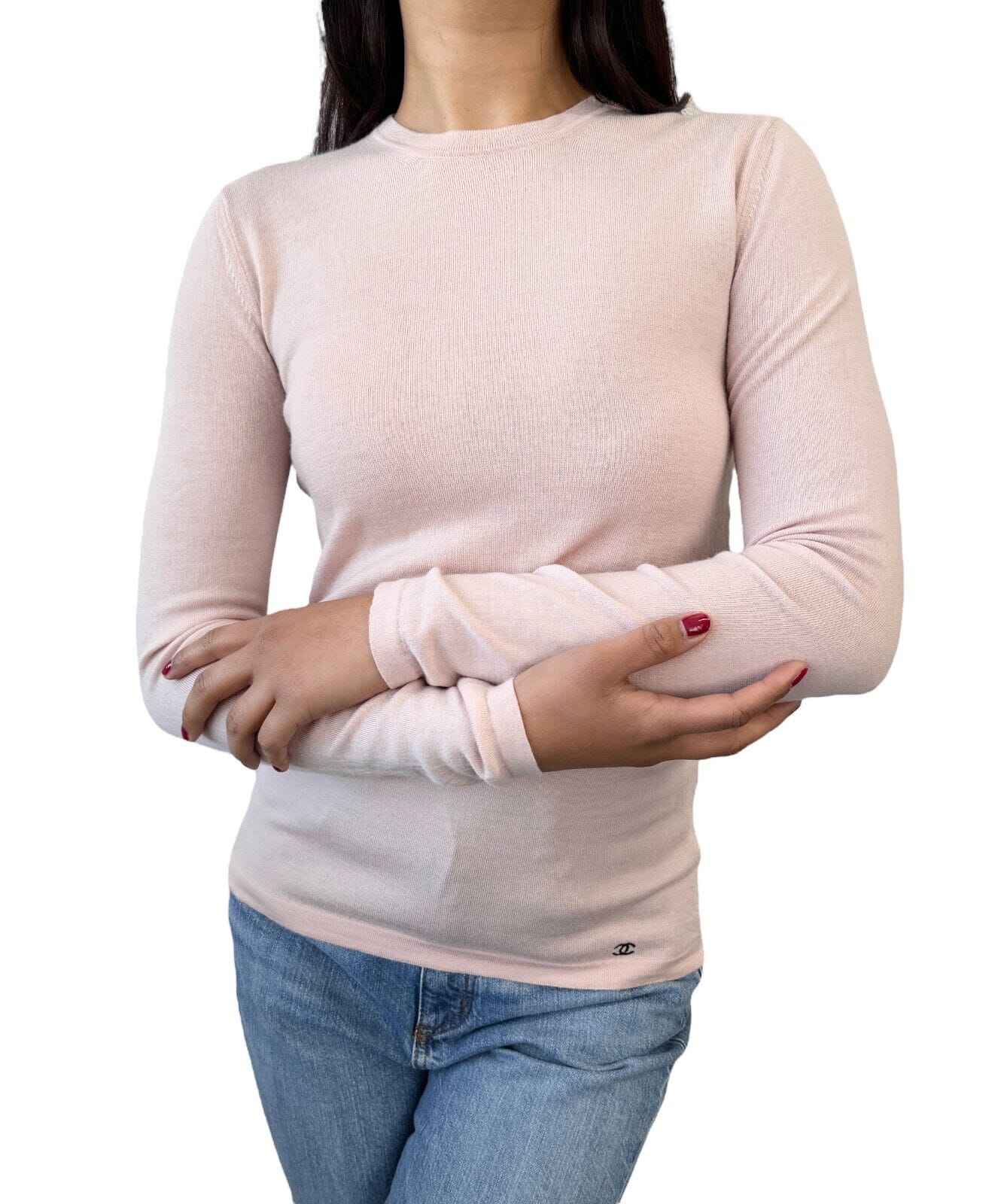 Luxury Promise CHANEL Vintage 02A CC Logo Sweater Top #42 Knit Pullover Pink Black Wool RankB