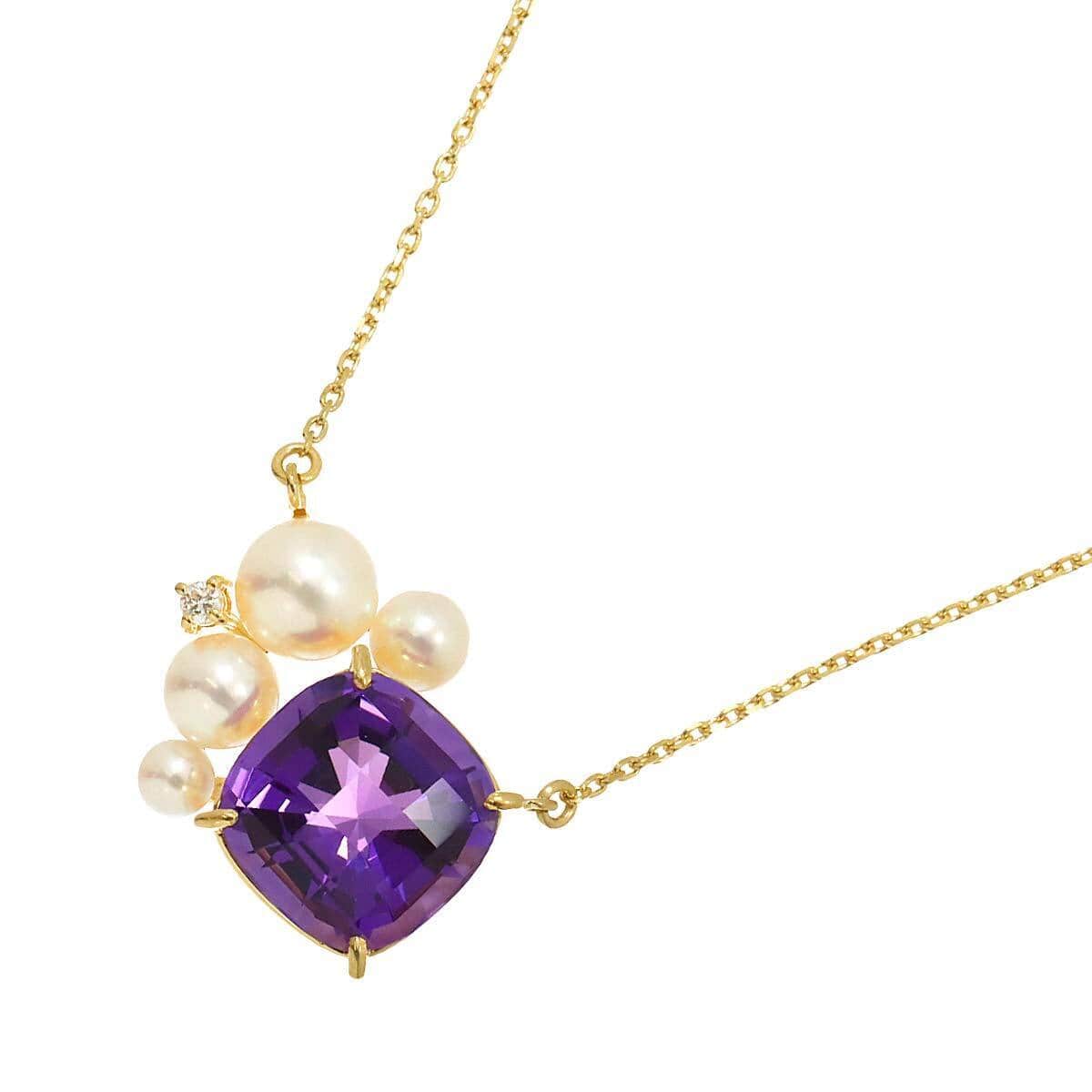 Luxury promise TASAKI Amethyst 6.16ct Diamond 0.03ct Akoya Pearl Necklace 18K YG 750 90225856